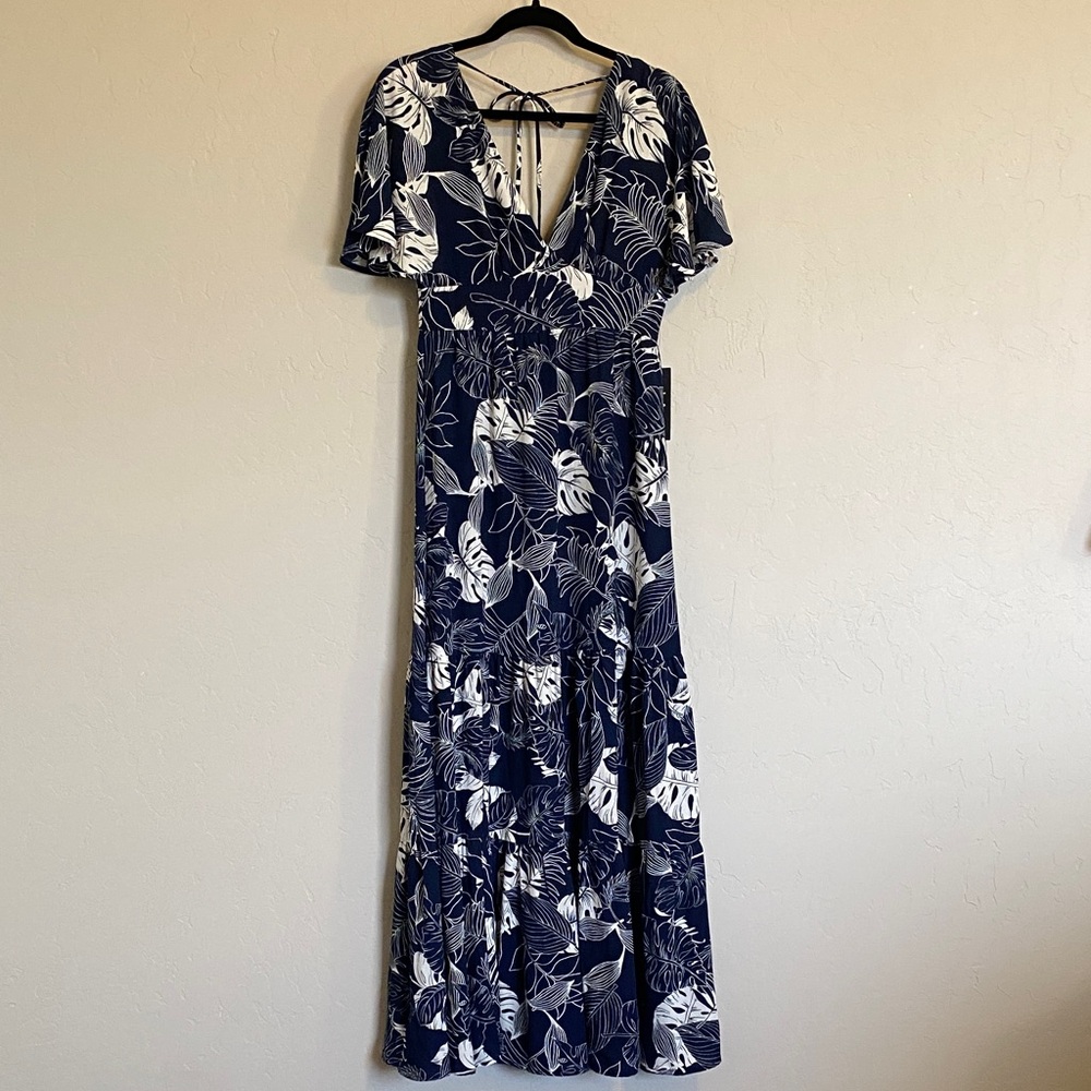 Navy and White V Neck Floral Maxi Dress
